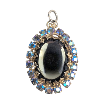 Vintage Black/Gray Glass Pendant, Aurora Borealis Rhinestone Halo, Mid Century Necklace, Dark Victorian Gothic Glam