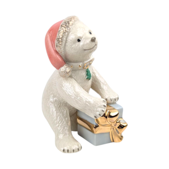 Lenox Christmas Cub Figurine, Vintage Polar Bear with Present, Ivory Porcelain Holiday Decor, Collectible Animal Figurine with Gold Trim