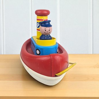 Vintage 1967 Fisher Price Tuggy Tooter Pull Toy #722, Wooden Captain Boat with Tooting Sound, Classic Nursery Decor Toy