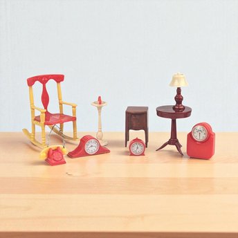 Vintage Dollhouse Accessory Lot, 9pc Renwal & Ideal, Rocking Chair Telephone Clocks, 1:16 Scale Miniature Furniture