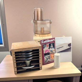 Vintage Cuisinart Food Processor with Wood Blade Caddy and Manual, Complete Appliance Set for the Home Chef