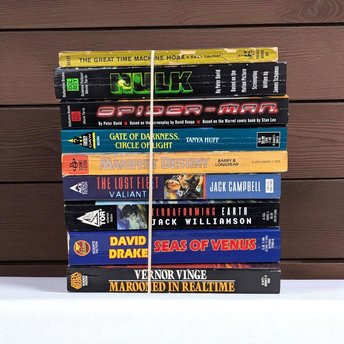 Vintage Sci-Fi Fantasy Book Lot, 80s Sci-Fi, Marvel Movie Tie-In, Vernor Vinge, David Drake, Keith Laumer, Military Sci-Fi Collection