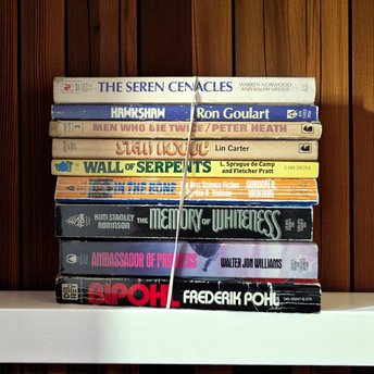 Vintage Sci-Fi Fantasy Book Lot, 70s 80s Paperback Collection, Frederik Pohl, Kim Stanley Robinson, L. Sprague de Camp, Pulp Sci-Fi