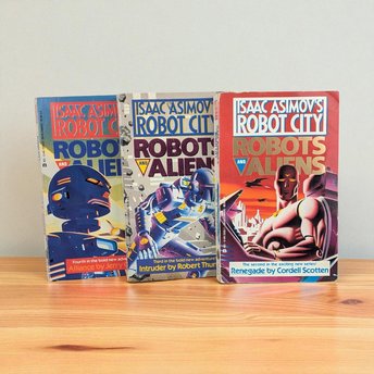 Isaac Asimov's Robots and Aliens Book Lot, Vintage Robot City Sci Fi Series, 80s 90s Paperback Set, Asimov Universe Novels