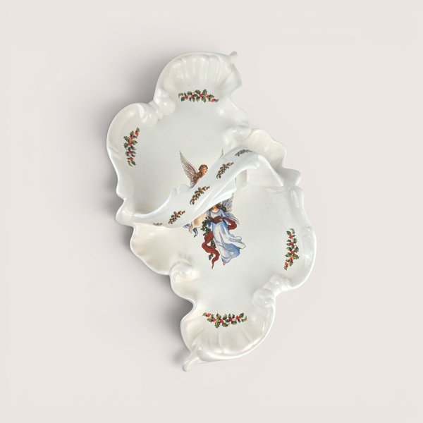 Vintage handmade ceramic Christmas handled tray featuring a painted angel and holly berry motifs.
