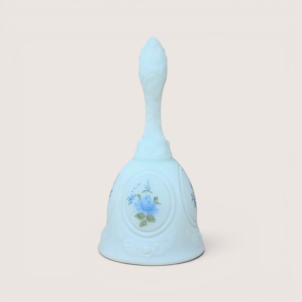 Vintage light blue satin glass Fenton bell handpainted with blue roses by artist A.J. Knopp.