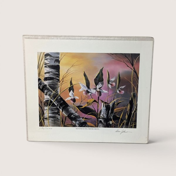 Vintage Dean Johnson Minnesota Memories numbered limited edition print featuring lady slippers and birch trees.