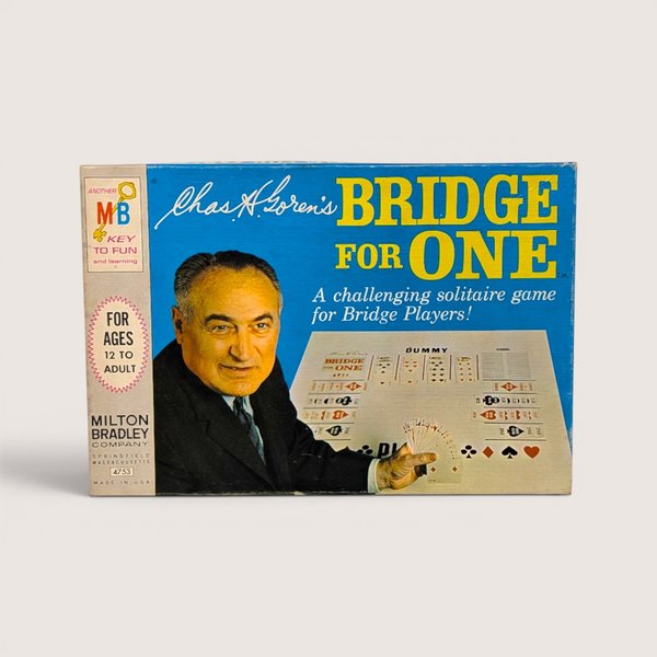 Vintage 1967 Milton Bradley Chas H. Goren's Bridge for One board game box featuring a portrait of Charles Goren.