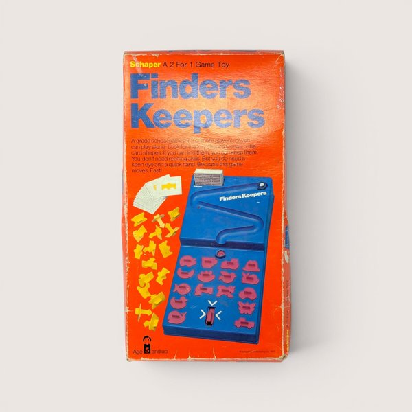 Vintage 1977 Schaper Finders Keepers matching game box in bright orange with retro blue graphics.