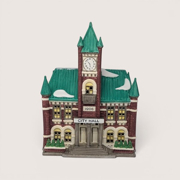 A vintage porcelain Christmas village city hall building with brown brick and a green copper roof on a beige backdrop