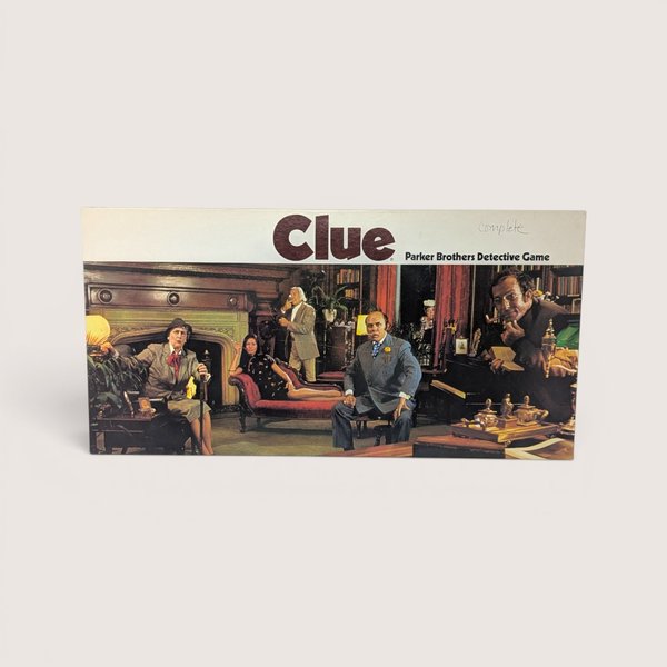 Classic 1972 Parker Brothers Clue board game box featuring the vintage suspect group photograph cover.