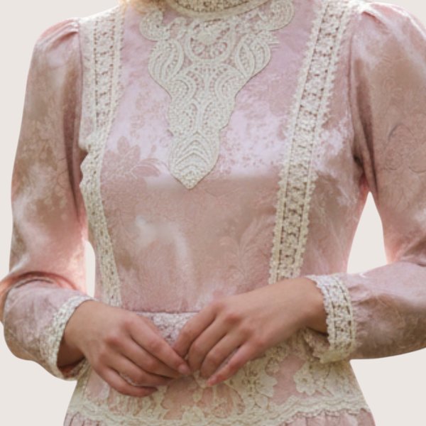 Vintage 1980s light pink satin jacquard Scott McClintock midi dress with white lace collar bib and pleated skirt