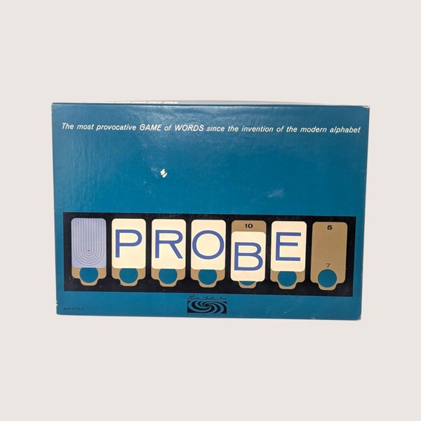 Vintage 1964 Parker Brothers Probe word game in its original bright blue box with mid-century typography.