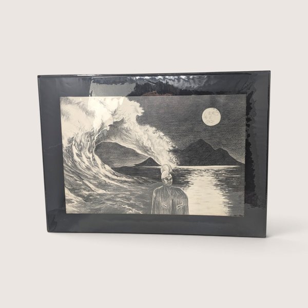 Matted graphite pencil drawing of a surreal moonlit seascape with a crashing wave.