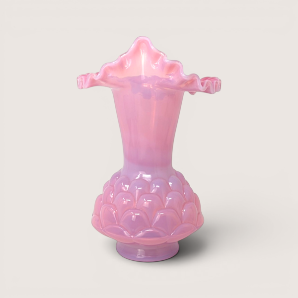 A rare vintage Fenton Jacqueline plum opalescent glass jack in the pulpit vase with a ruffled white rim.