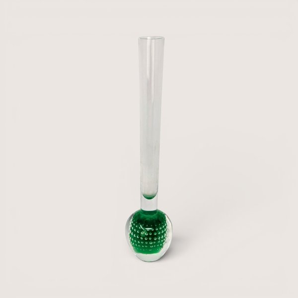 Vintage Holmegaard Orchid art glass vase featuring a clear stem on a weighted green controlled bubble base.