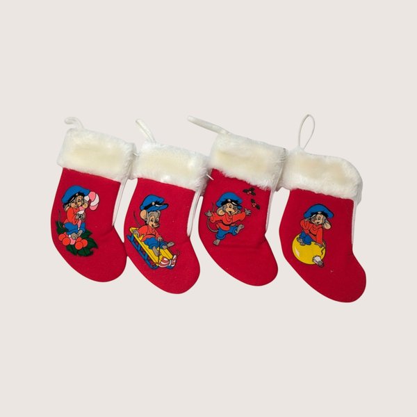 Four small vintage red felt Christmas stockings featuring Fievel the mouse with white faux fur trim and zippers.