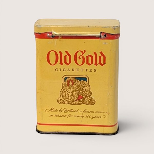 Vintage empty yellow Old Gold cigarette pocket tin with red lettering and a gold coin graphic on the front.