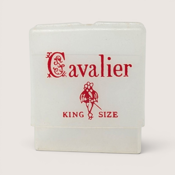 Vintage empty frosted white plastic Cavalier King Size cigarette case with red text and logo.
