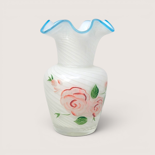 Vintage Fenton white opalescent swirl glass vase with a blue ruffled rim and hand-painted pink roses.