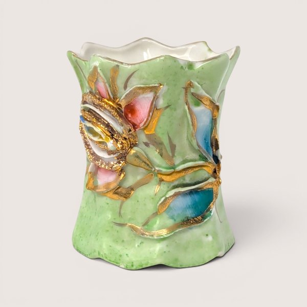 Vintage green ceramic toothpick holder with relief roses and heavy gold gilt detailing.
