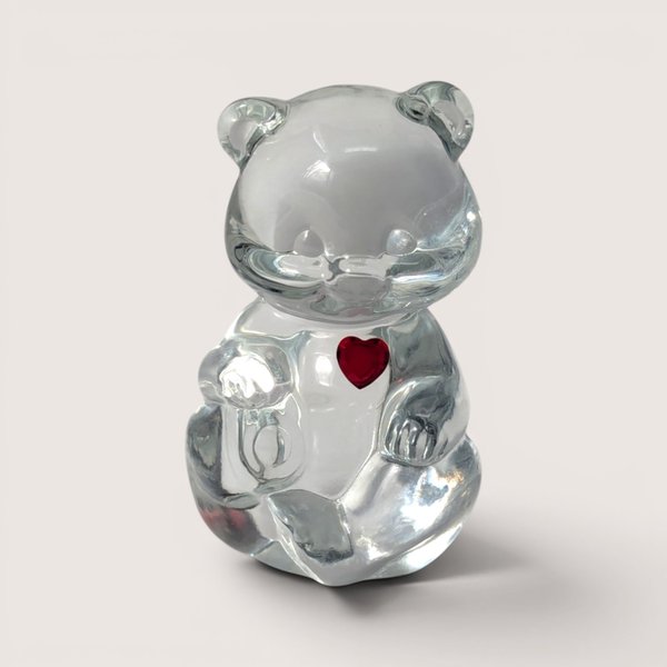 Vintage clear Fenton art glass birthstone teddy bear figurine with a red ruby heart rhinestone for July.