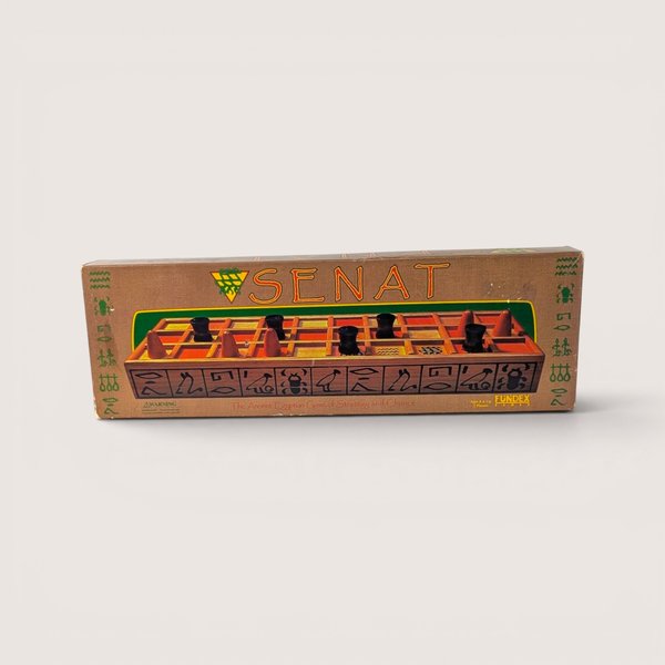 Vintage 1999 Fundex Senat ancient Egyptian strategy board game box in tan with hieroglyphics and game photo.
