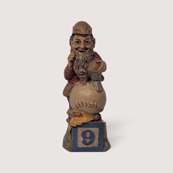 Vintage signed Tom Clark "Nine" figurine featuring a gnome sitting on a baseball atop a toy block numbered nine.