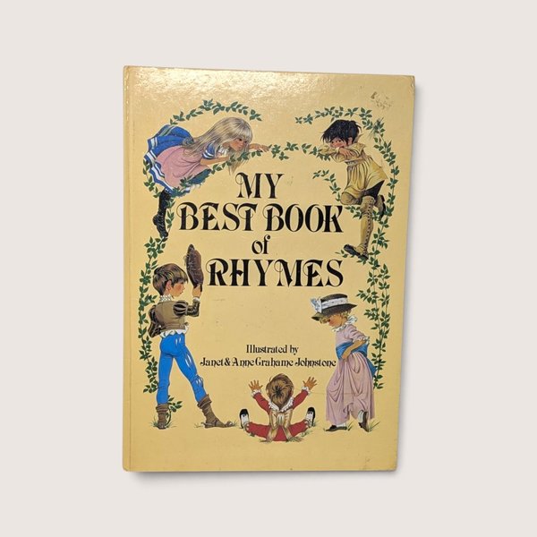 Vintage 1984 hardcover edition of My Best Book of Rhymes featuring illustrated children characters on a cream background.