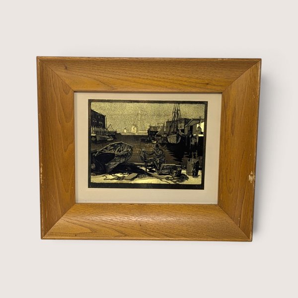 Vintage 1950s gold foil etched print titled Purdys Basin by Lionel Barrymore depicting a coastal harbor with moored boats in a deep wood frame.