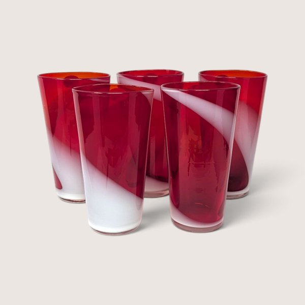 Set of 5 vintage FTG Japan red and white multi-layer art glass tumblers.