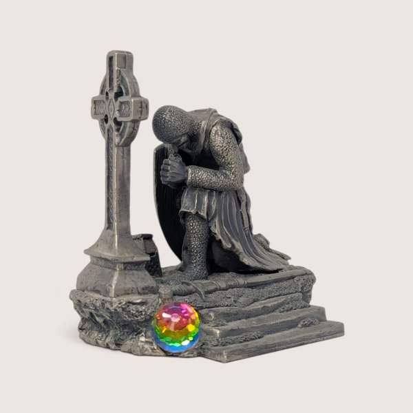 Vintage Fantasy and Legend pewter figurine of Sir Galahad kneeling in prayer before a cross.