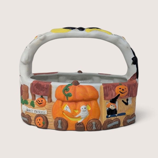 Vintage 1994 ABC Distributing ceramic Halloween basket shaped like a Ghost Express train with pumpkins and ghosts.