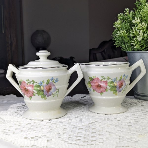 Hall's Superior Kitchenware Quality Pink Petunia Sugar & Creamer