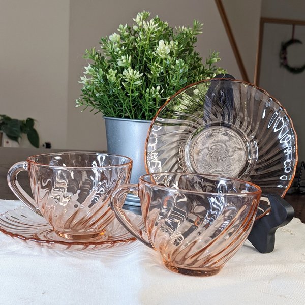 Arcoroc of France Rosaline Pink Swirl Tea Cups and Saucers, Set of 2