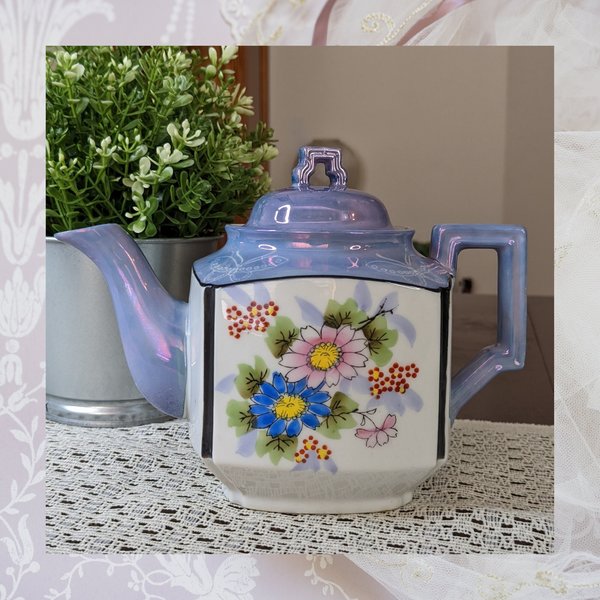 Vintage Teapot Lusterware Blue with  Flowers - Made in Japan - Imperfect