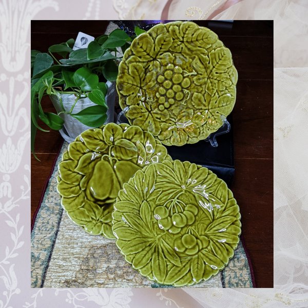 3 Sarrguemines Majolica Green Embossed Fruit Plates 7.5"