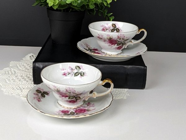 Set of  2 Harmony House Eugenie Rose Pink Roses Gold Rim Tea Cup & Saucers