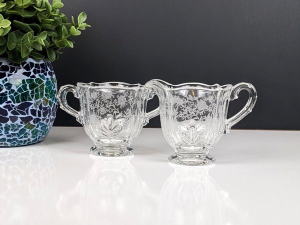 Vintage Chintz Etched Fostoria Sugar Bowl and Creamer Set