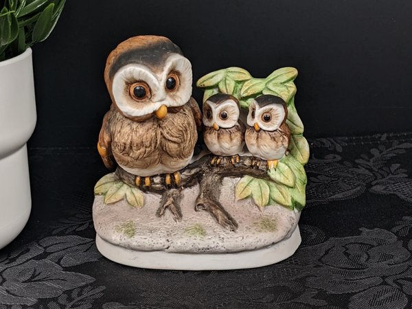 Vintage Homco 1298 Ceramic Mother Owl Babies Figurine