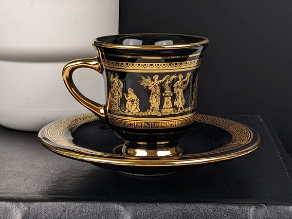 Vintage I. Spyropoulos Black and Gold Demitasse Cup and Saucer Set, Hand Painted in Greece