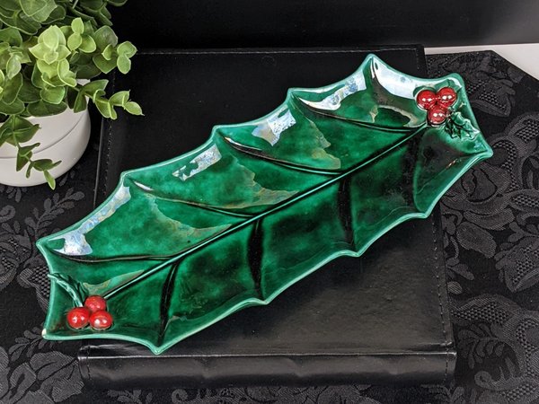 Vintage Lefton 1349 Green Holly Christmas Relish Tray