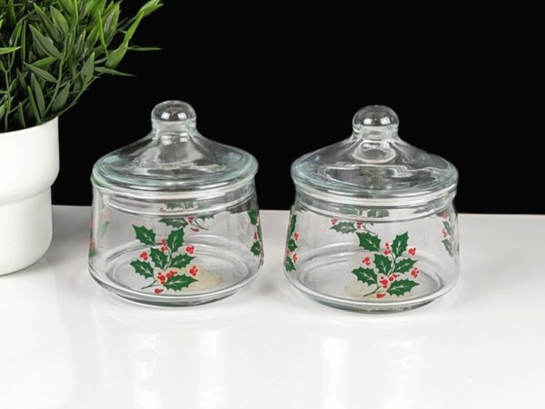 Pair of Vintage Indiana Glass Snack Jar Holly Covered Candy Jars