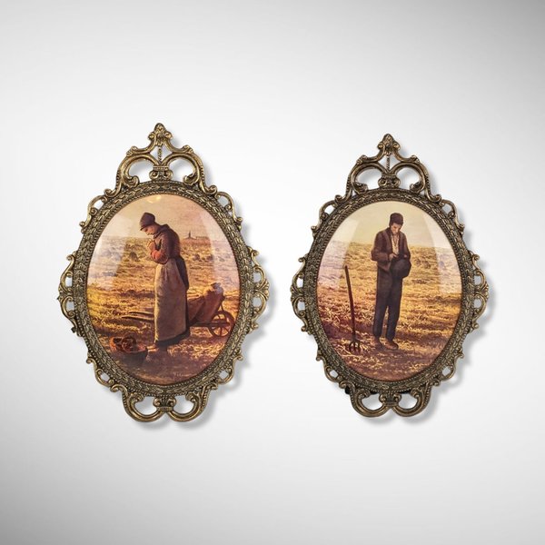 Pair of Vintage Praying Settlers Framed Pictures