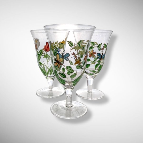 Set of 3 Hand Painted Water Goblets with Flowers and Butterflies
