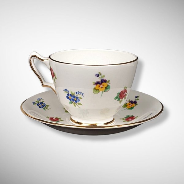 Vintage Crown Staffordshire Rose Pansy Bone China Tea Cup and Saucer Set with Multicolored Flowers