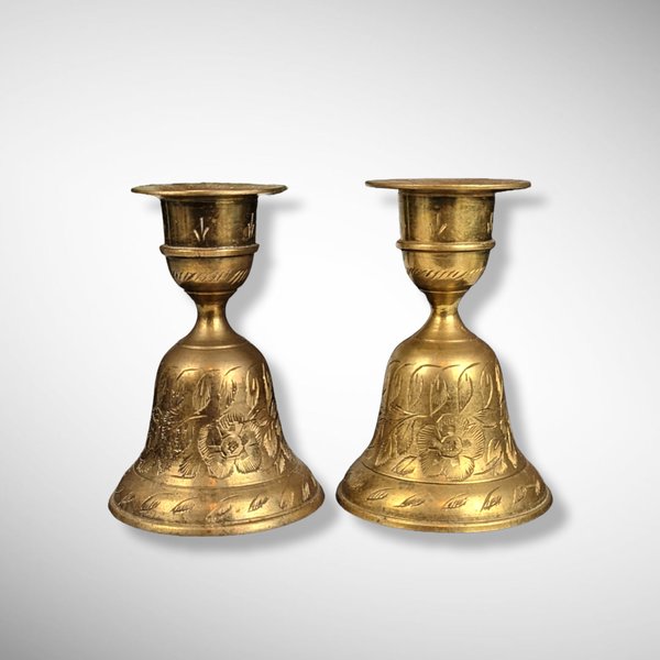 Pair of Vintage Brass Bell Candlestick Holders, Z.Y. India World Gift