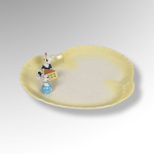 Vintage Yellow Plate with Mice and Cheese, Signed Joan Prairie