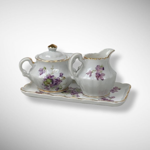 3 Piece Small Cream and Sugar Set with Purple Flowers
