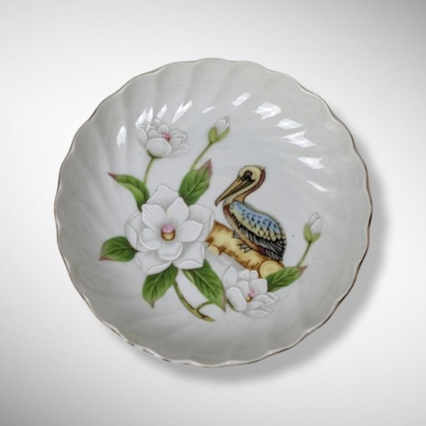 Lefton 1984 New Orleans Porcelain Trinket Dish with Pelican and Flowers